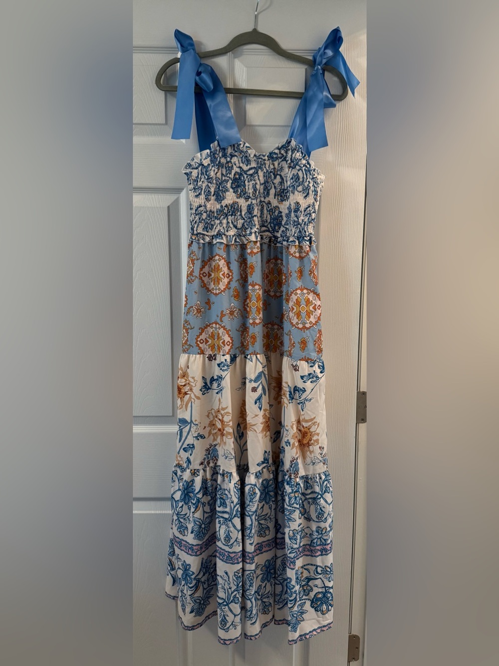 SHEIN Blue & Cream Floral and Medallion Tiered Maxi Dress with Ribbon Straps